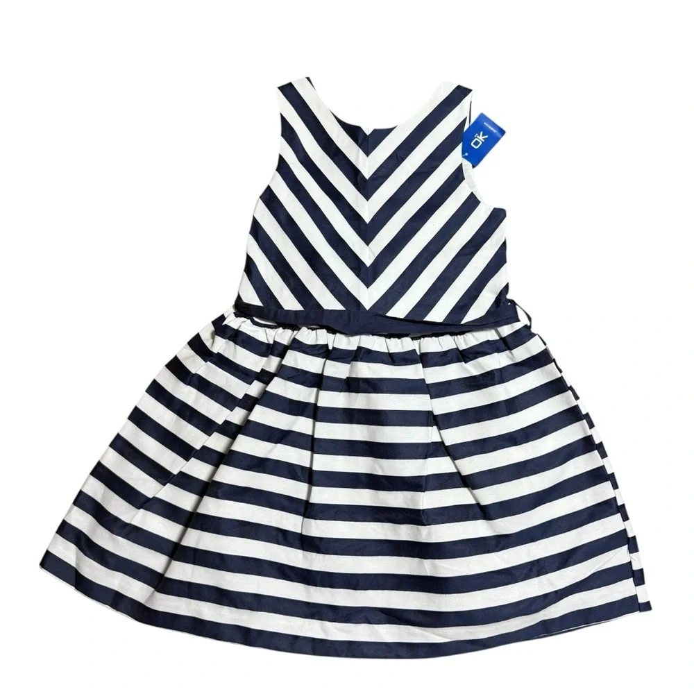 NWT Okaidi Girls Navy White Striped Fit & Flare Sleeveless Dress Size 8Y